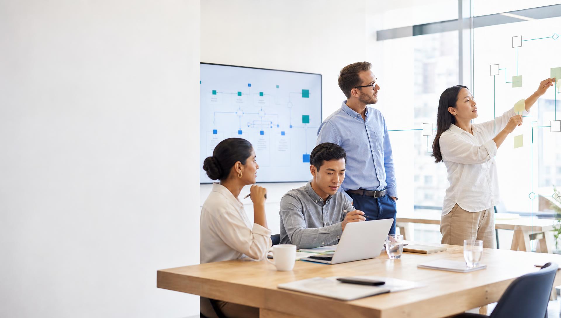 Cross-functional team in a bright office mapping a workflow on a glass wall beside a process board, with subtle blue and teal decision-point markers overlaid