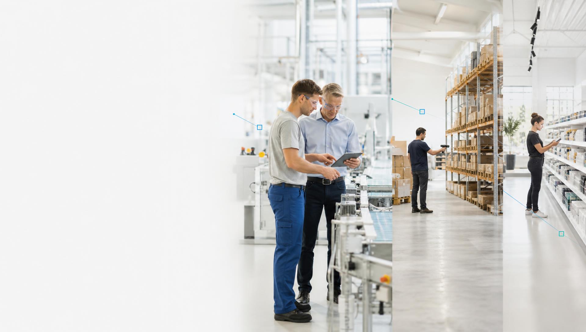 Bright manufacturing line, distribution warehouse aisle and retail shelving shown side by side, linked by faint blue and teal connector lines